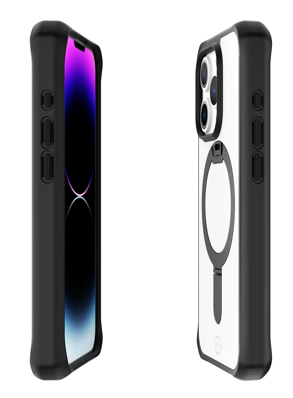 Itskins Hybrid Stand iPhone 15 Pro Magsafe Case - Black And Transparent - Tashqila Itskins Hybrid Stand iPhone 15 Pro Magsafe Case - Black And Transparent - Tashqila